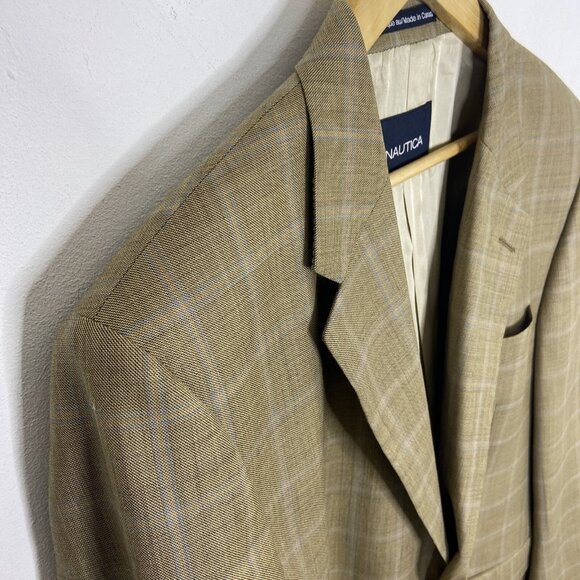 Nautica Men 44L Wool Check Blazer Sports Coat Yellow Green Beige - Picture 6 of 10